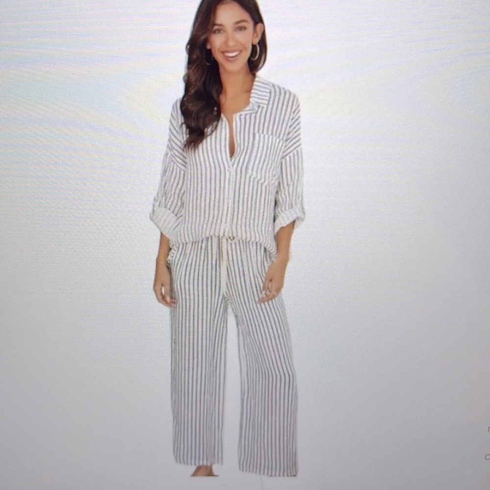 Women’s White/Navy Strip Linen Wide Leg Drawstring Waist Pants